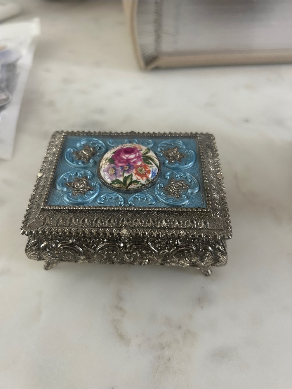 Blue and silver  Floral japanese jewelry Box vintage